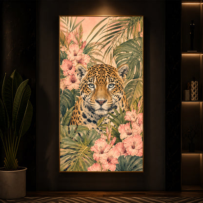 Tropical Jaguar & Flora Modern Luxury Backlight Vertical Wall Art