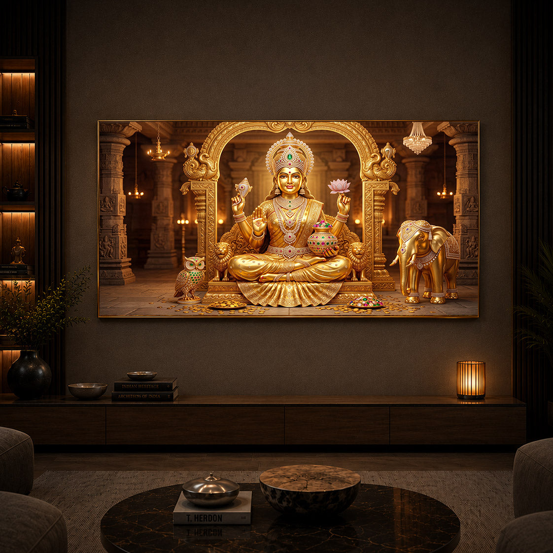 Golden Lakshmi Modern Luxury Backlight Horizontal Wall Art