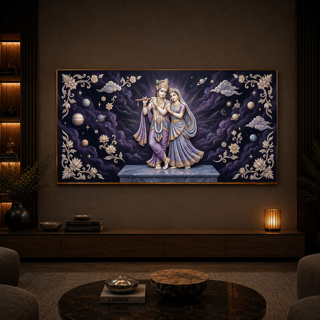 Radha Krishna With Purple Background Modern Luxury Backlight Horizontal Wall Art