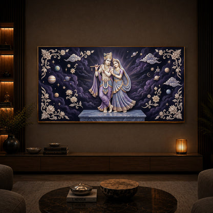 Radha Krishna With Purple Background Modern Luxury Backlight Horizontal Wall Art