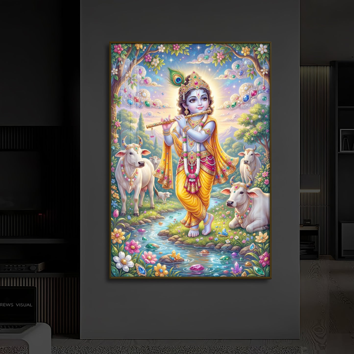 Little Kanha With Cow Modern Luxury Backlight Vertical Wall Art