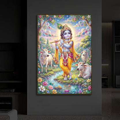 Little Kanha With Cow Modern Luxury Backlight Vertical Wall Art