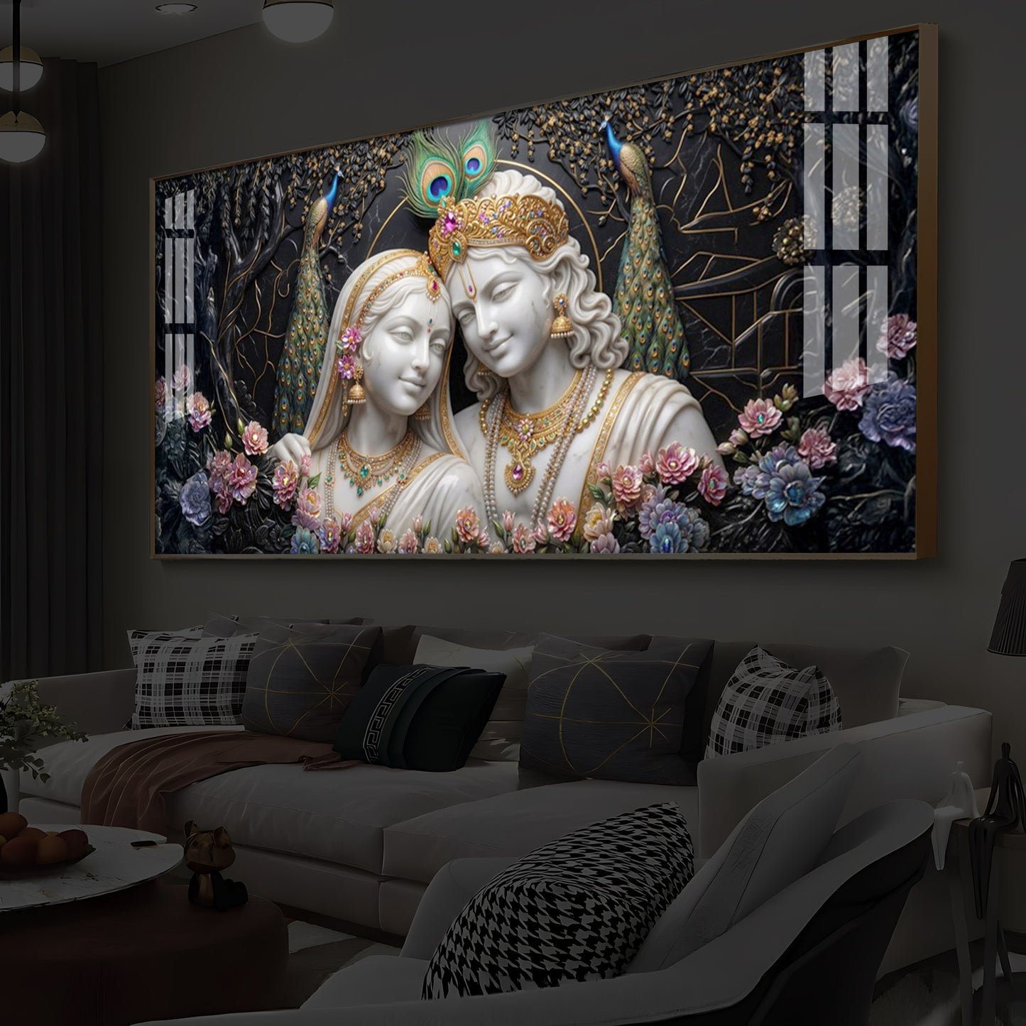 Beautiful Radha Krishna Modern Luxury Backlight Horizontal Wall Art