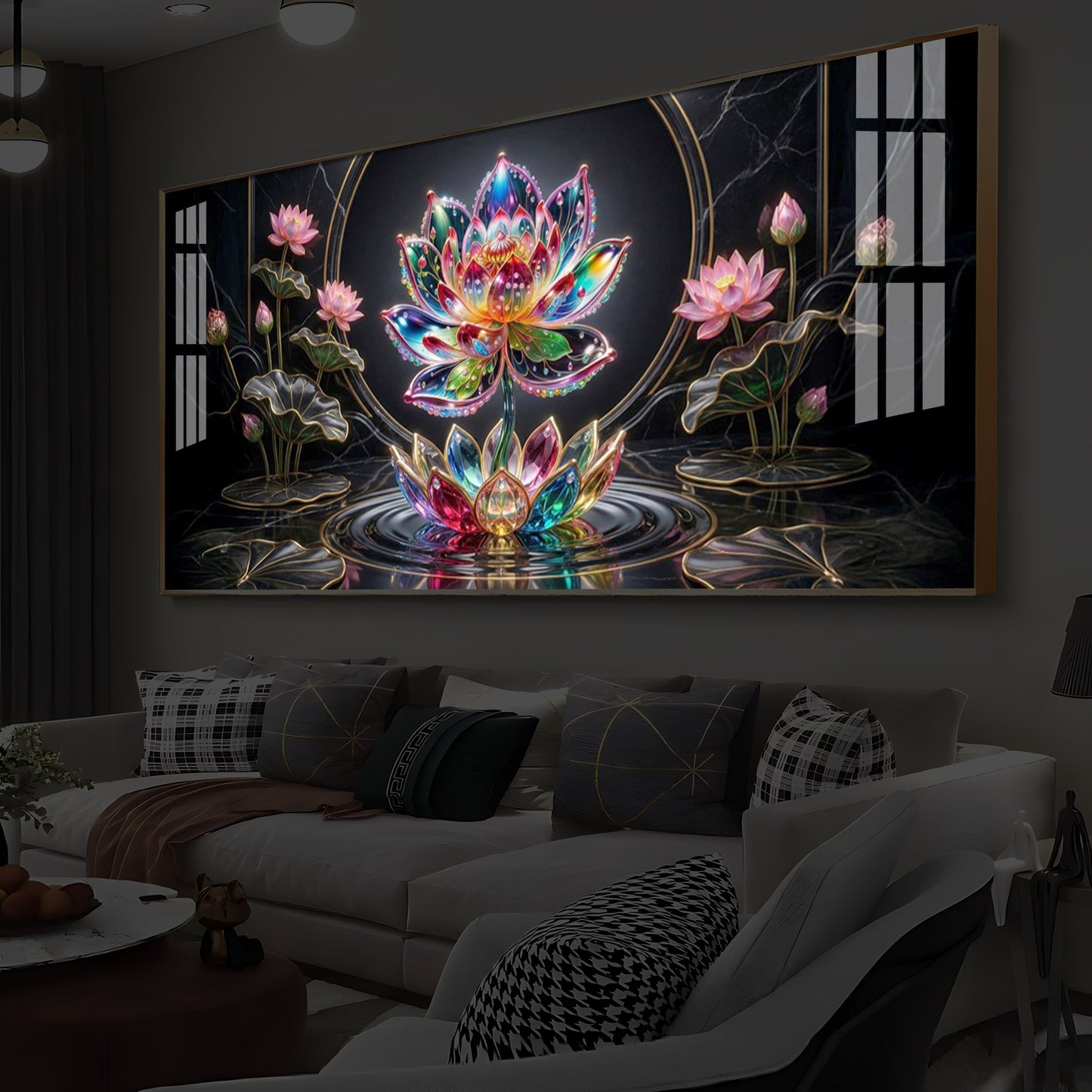 Colorful Lotus Flower Modern Luxury Backlight Horizontal Wall Art