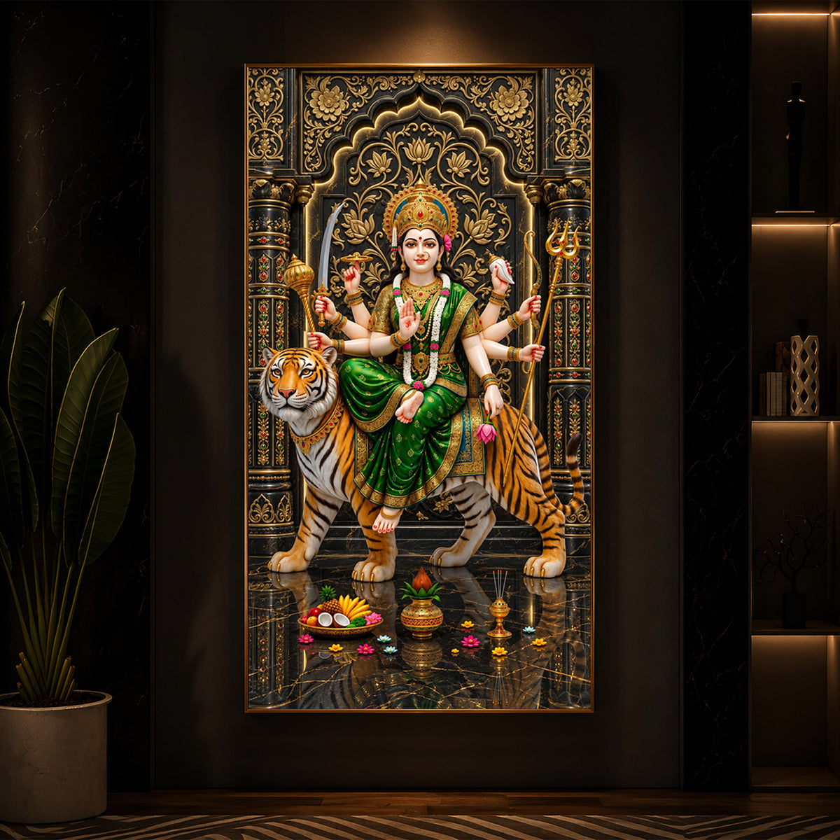 Maa Durga In Green Saree Modern Luxury Backlight Vertical Wall Art