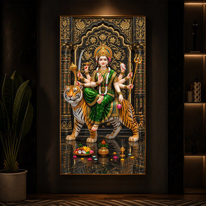 Maa Durga In Green Saree Modern Luxury Backlight Vertical Wall Art