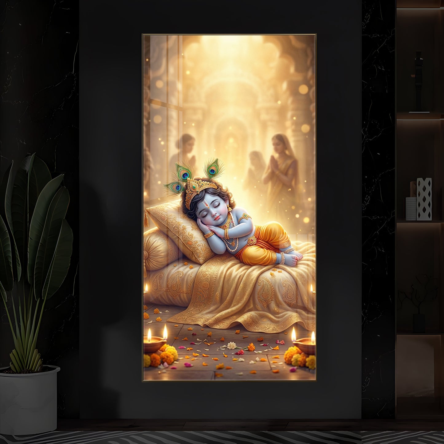 Sleeping Little Krishna Ji Modern Luxury Backlight Vertical Wall Art