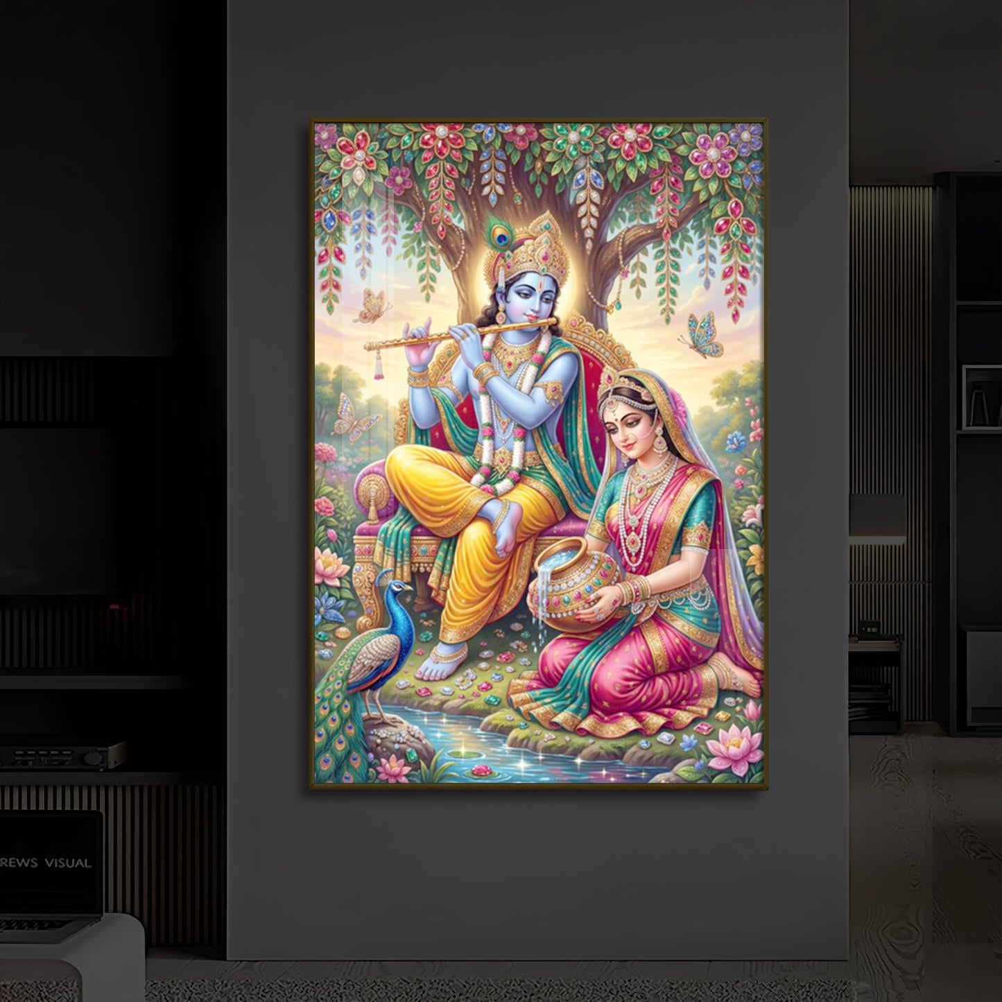 Krishna’s Flute with Radha’s Devotion Modern Luxury Backlight Vertical Wall Art