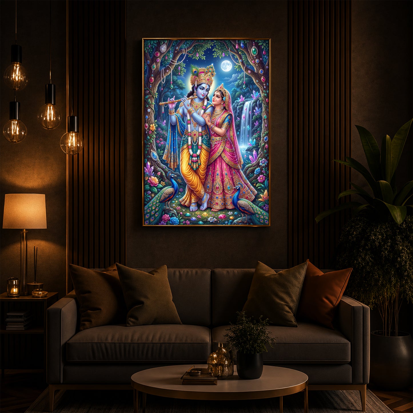Eternal Love of Radha Krishna Modern Luxury Backlight Vertical Wall Art
