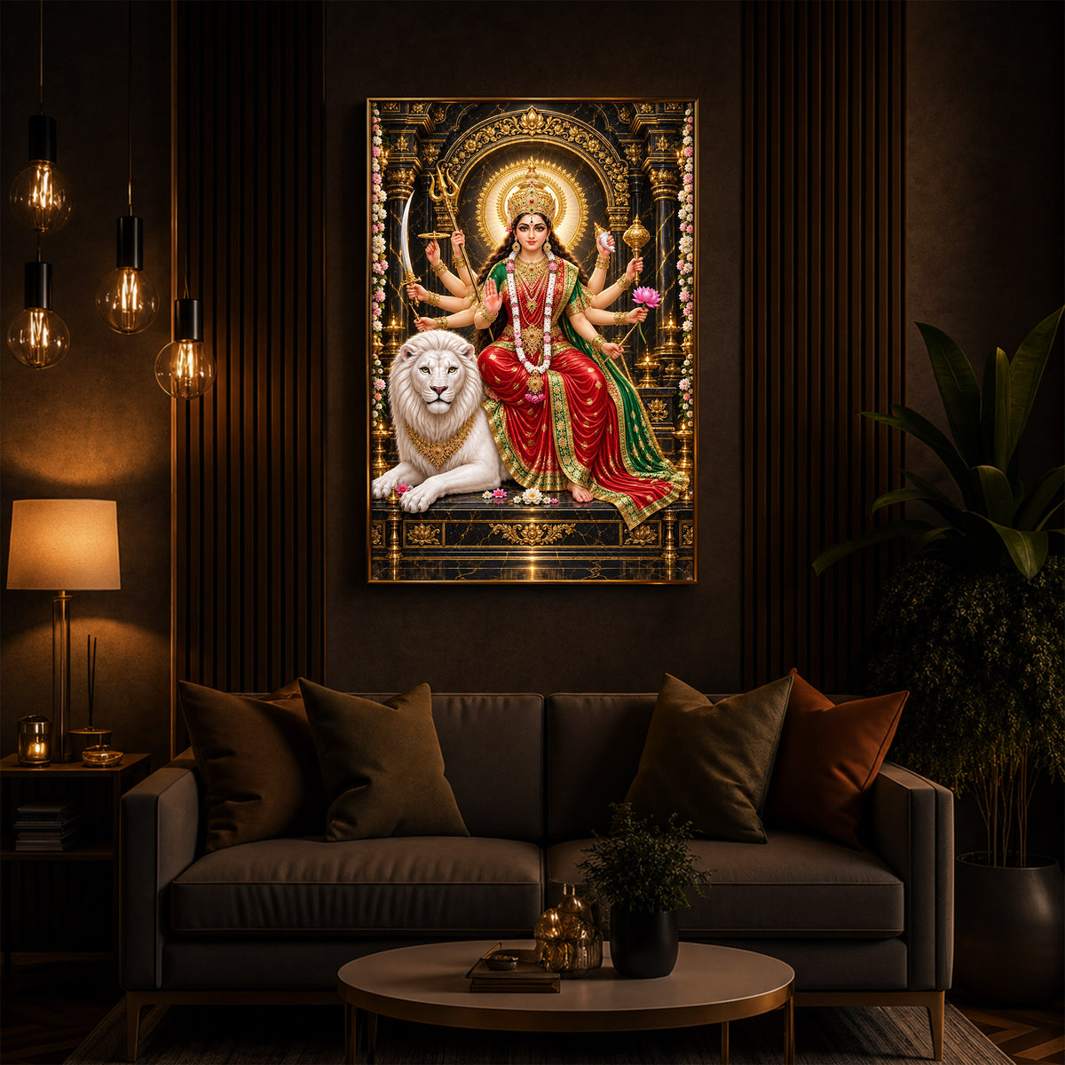 Maa Durga With White Lion Modern Luxury Backlight Vertical Wall Art