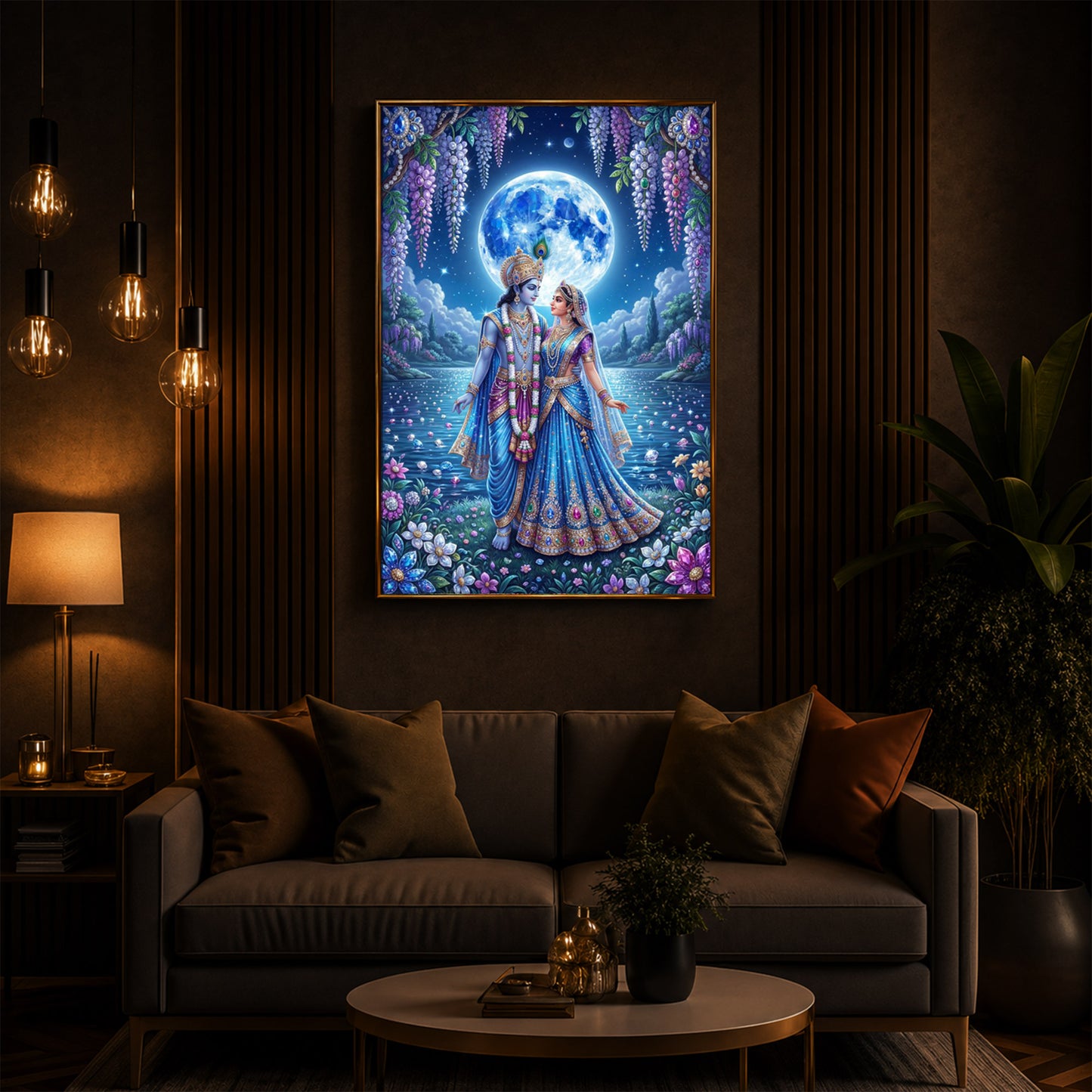 Radha & Krishna Standing Together Modern Luxury Backlight Vertical Wall Art