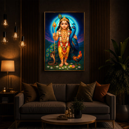 Lord Murugan Ji Modern Luxury Backlight Vertical Wall Art
