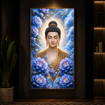 Divine Buddha Glowing Aura Modern Luxury Backlight Vertical Wall Art