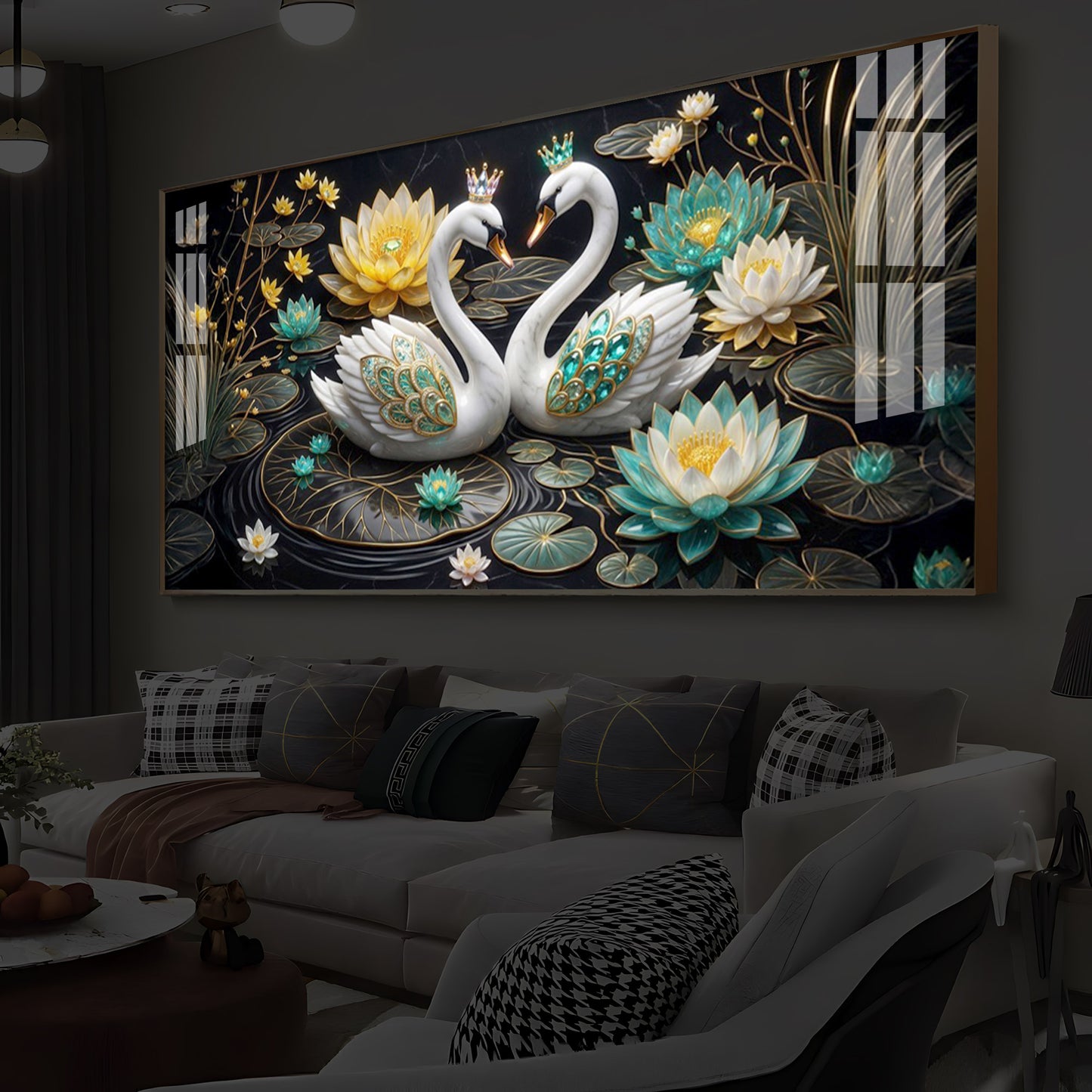 Pair Of White Swans Modern Luxury Backlight Horizontal Wall Art