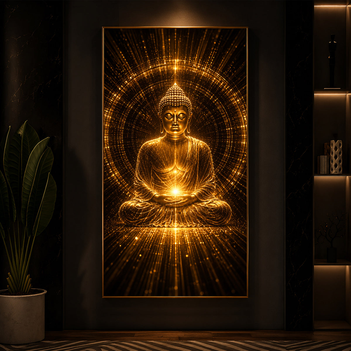 Golden Buddha Meditation Posture Modern Luxury Backlight Vertical Wall Art