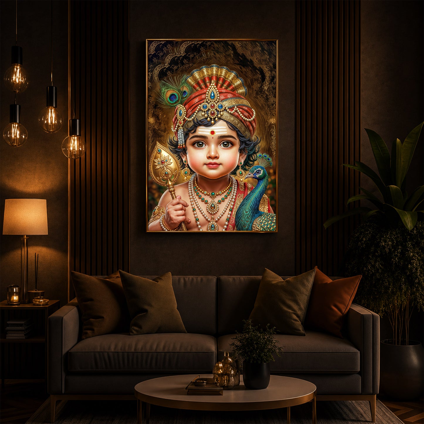 Little Murugan With Peacock Modern Luxury Backlight Vertical Wall Art