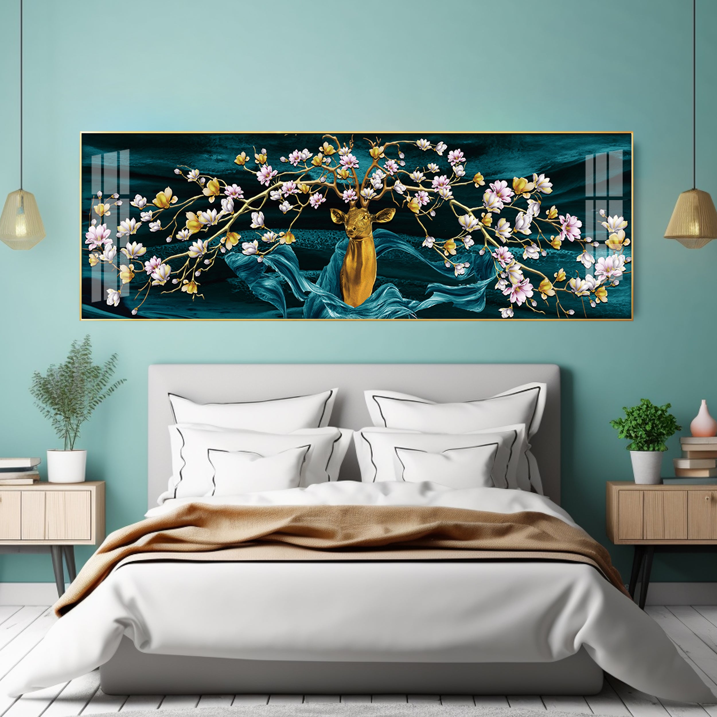 Golden Deer With Flowering Premium Acrylic Horizontal Wall Art