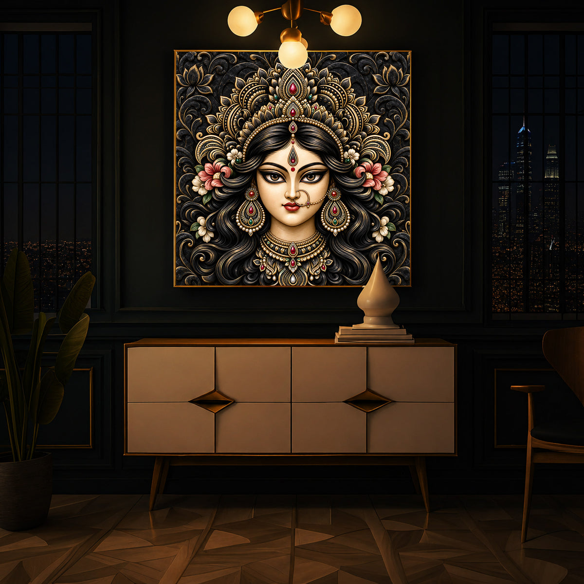 Divine Face of Durga Modern Luxury Backlight Square Wall Art