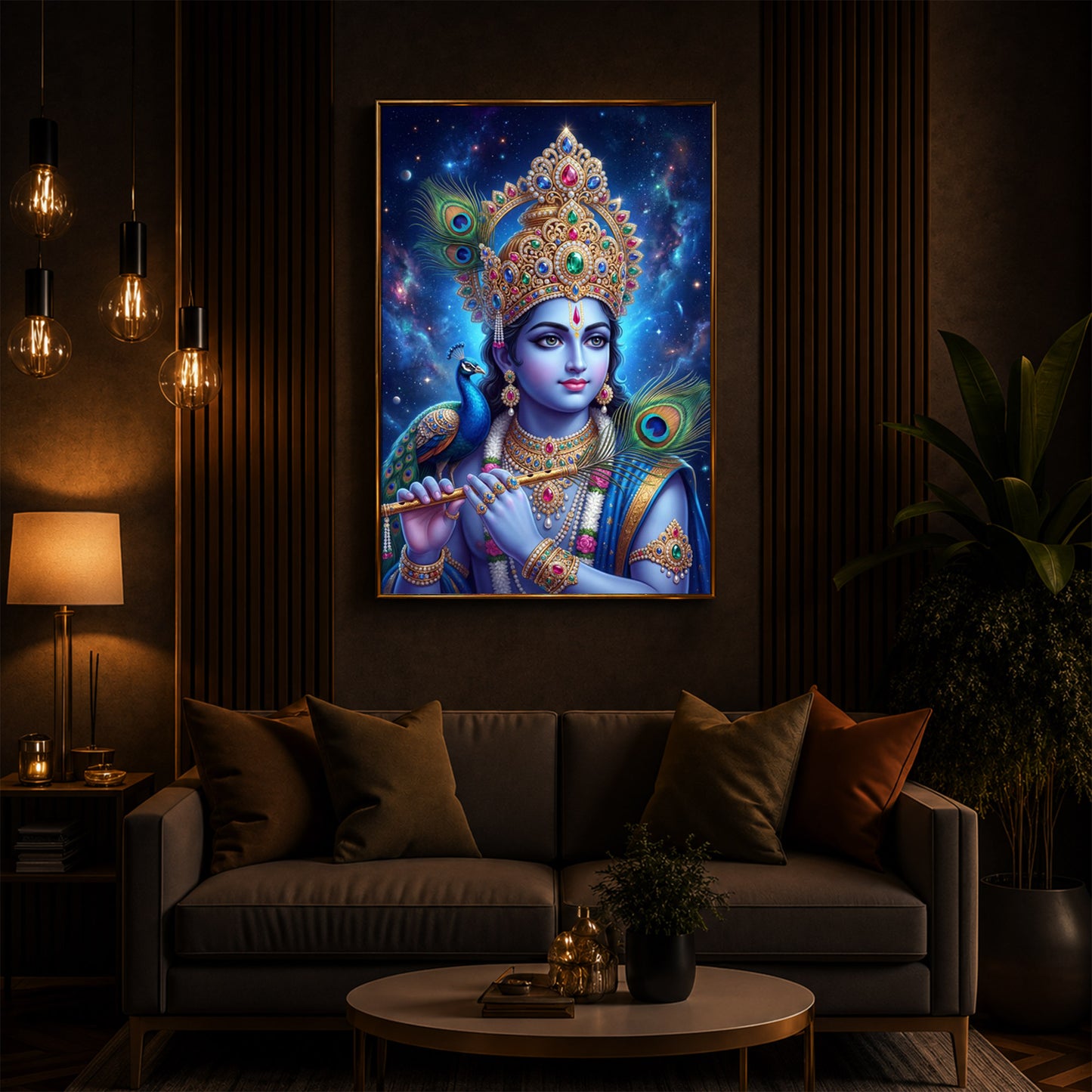 Hindu Deity Lord Krishna Modern Luxury Backlight Vertical Wall Art