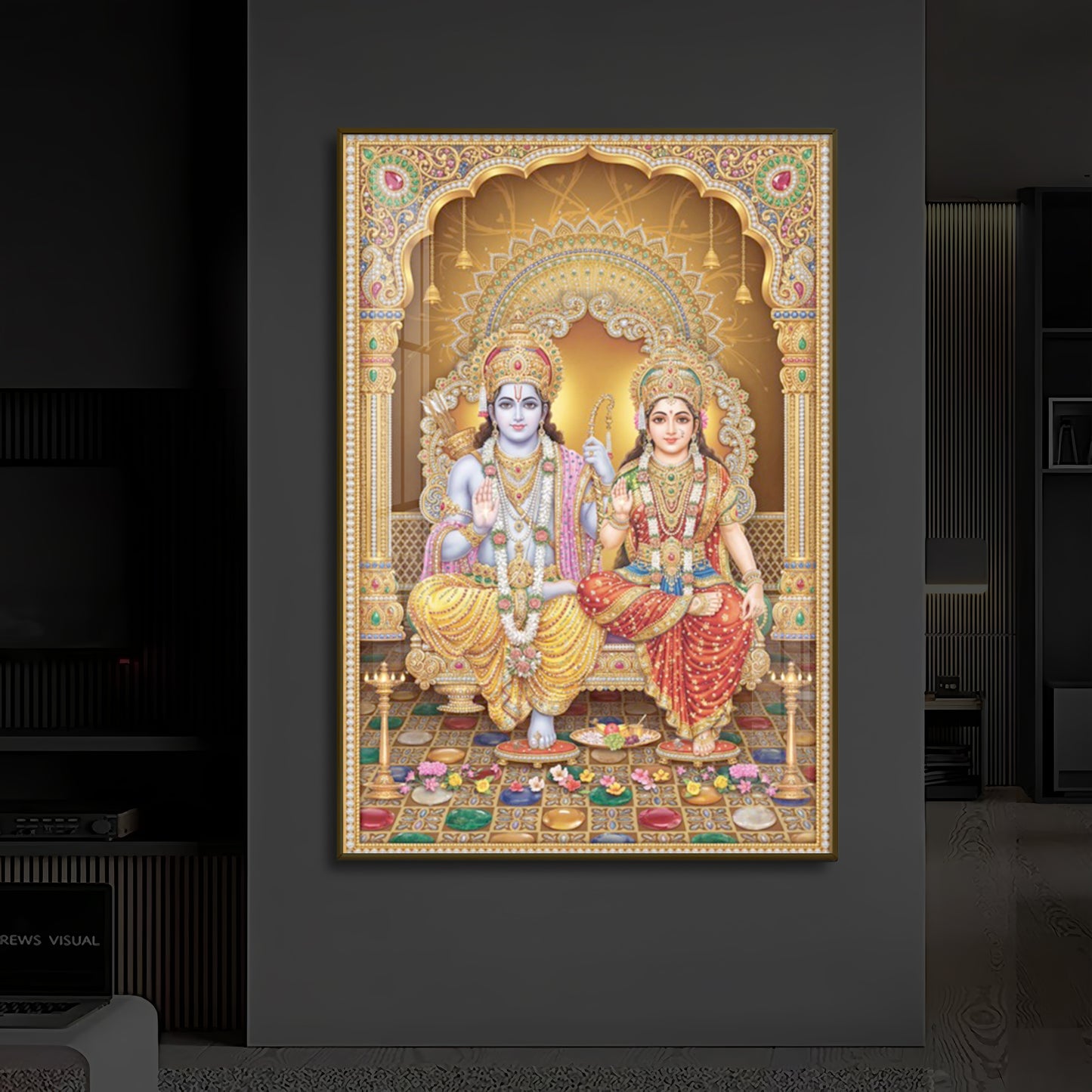 Lord Rama and Goddess Sita Modern Luxury Backlight Vertical Wall Art