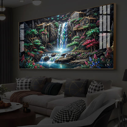 Lush Mountain Waterfall Modern Luxury Backlight Horizontal Wall Art