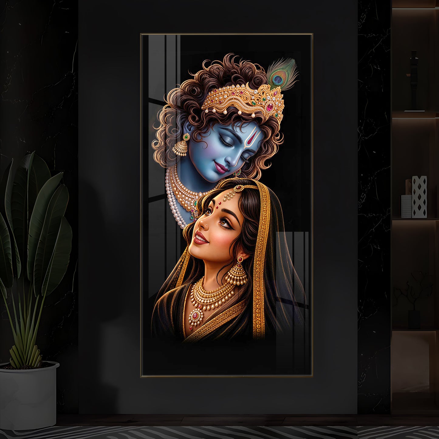 Hindu Deities Shri Radha Krishna Modern Luxury Backlight Vertical Wall Art