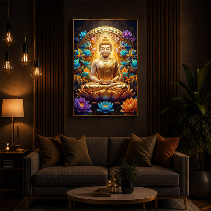 Meditating Gautam Buddha Modern Luxury Backlight Vertical Wall Art