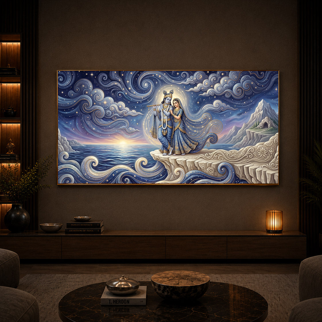 Divine Couple Radha Krishna With Flute Modern Luxury Backlight Horizontal Wall Art