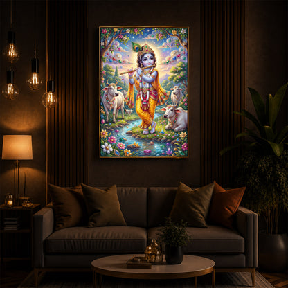 Little Kanha With Cow Modern Luxury Backlight Vertical Wall Art