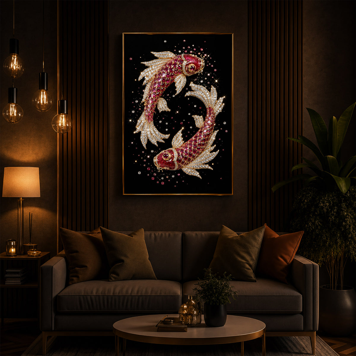 Koi Fish In Ruby Diamond Modern Luxury Backlight Vertical Wall Art