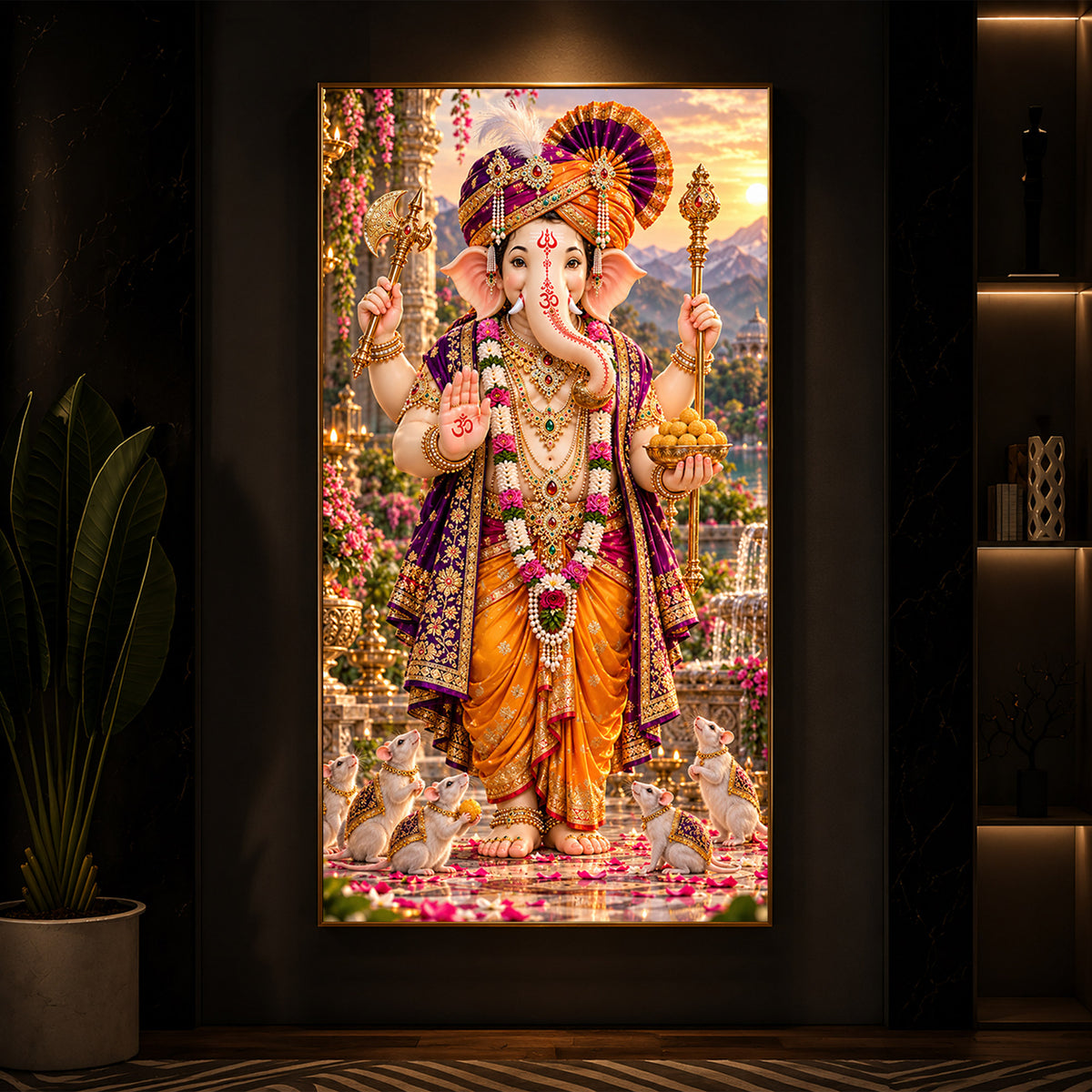 Lord Ganesha with Mushak Modern Luxury Backlight Vertical Wall Art