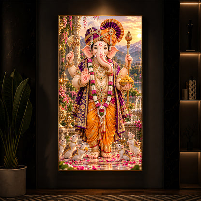 Lord Ganesha with Mushak Modern Luxury Backlight Vertical Wall Art