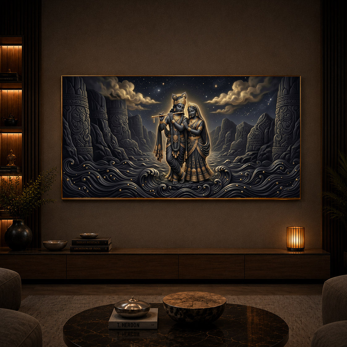 Depiction Of Radha Krishna Modern Luxury Backlight Horizontal Wall Art