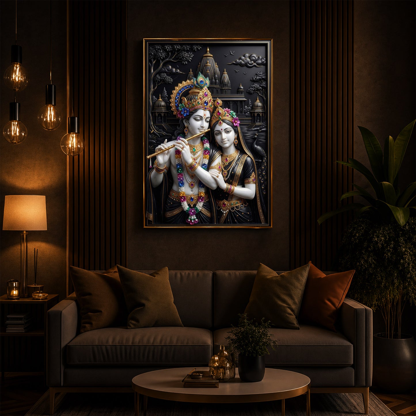 Radha Krishna With Floral Garlands Modern Luxury Backlight Vertical Wall Art