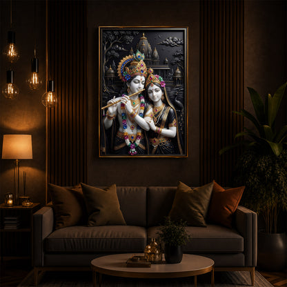 Radha Krishna With Floral Garlands Modern Luxury Backlight Vertical Wall Art