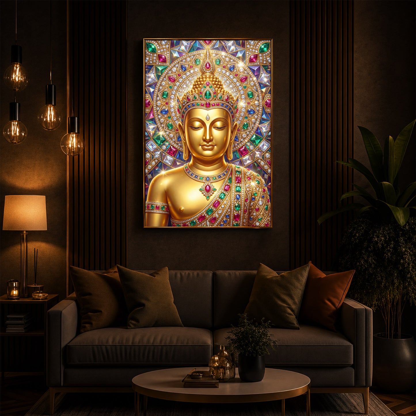 Exquisite Golden Buddha Modern Luxury Backlight Vertical Wall Art