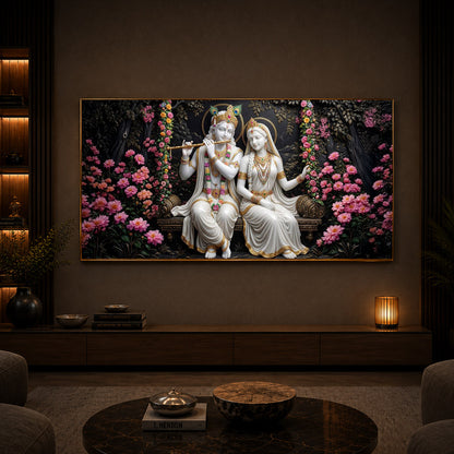 Radha Krishna With Flower Modern Luxury Backlight Horizontal Wall Art