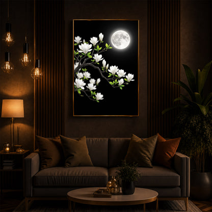 Moonlit White Magnolia Modern Luxury Backlight Vertical Wall Art