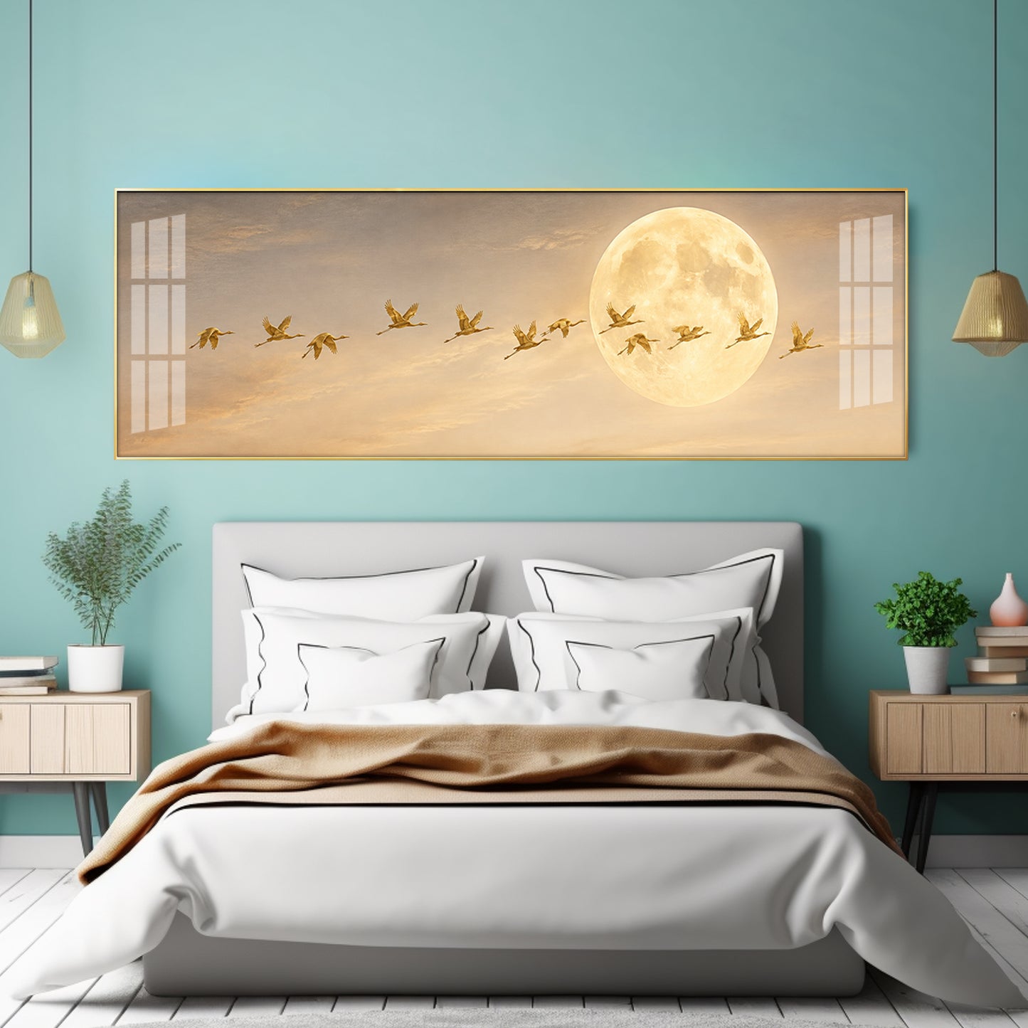 Golden Flying Cranes Full Moon Premium Acrylic Horizontal Wall Art