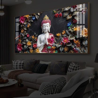 White Buddha With Pink Lotus Modern Luxury Backlight Horizontal Wall Art