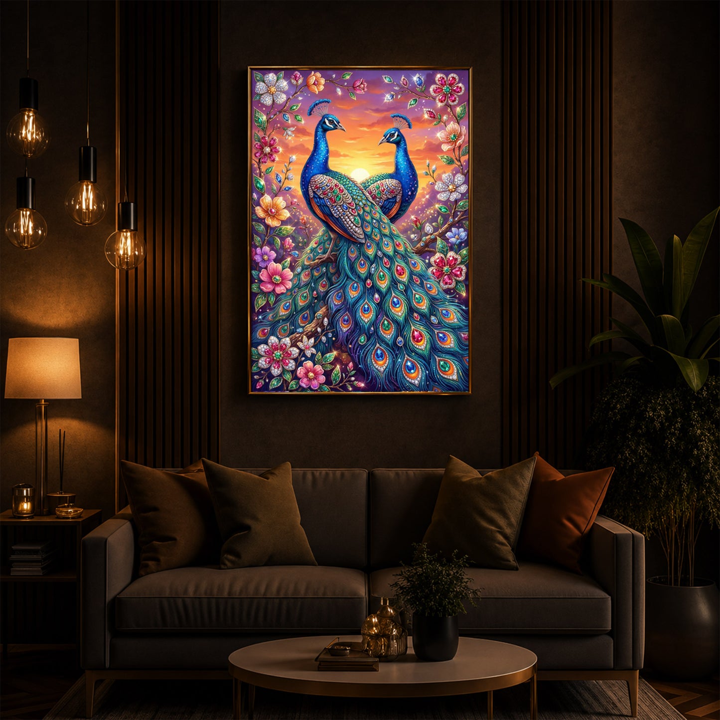 Majestic Pair Of Peacocks Modern Luxury Backlight Vertical Wall Art