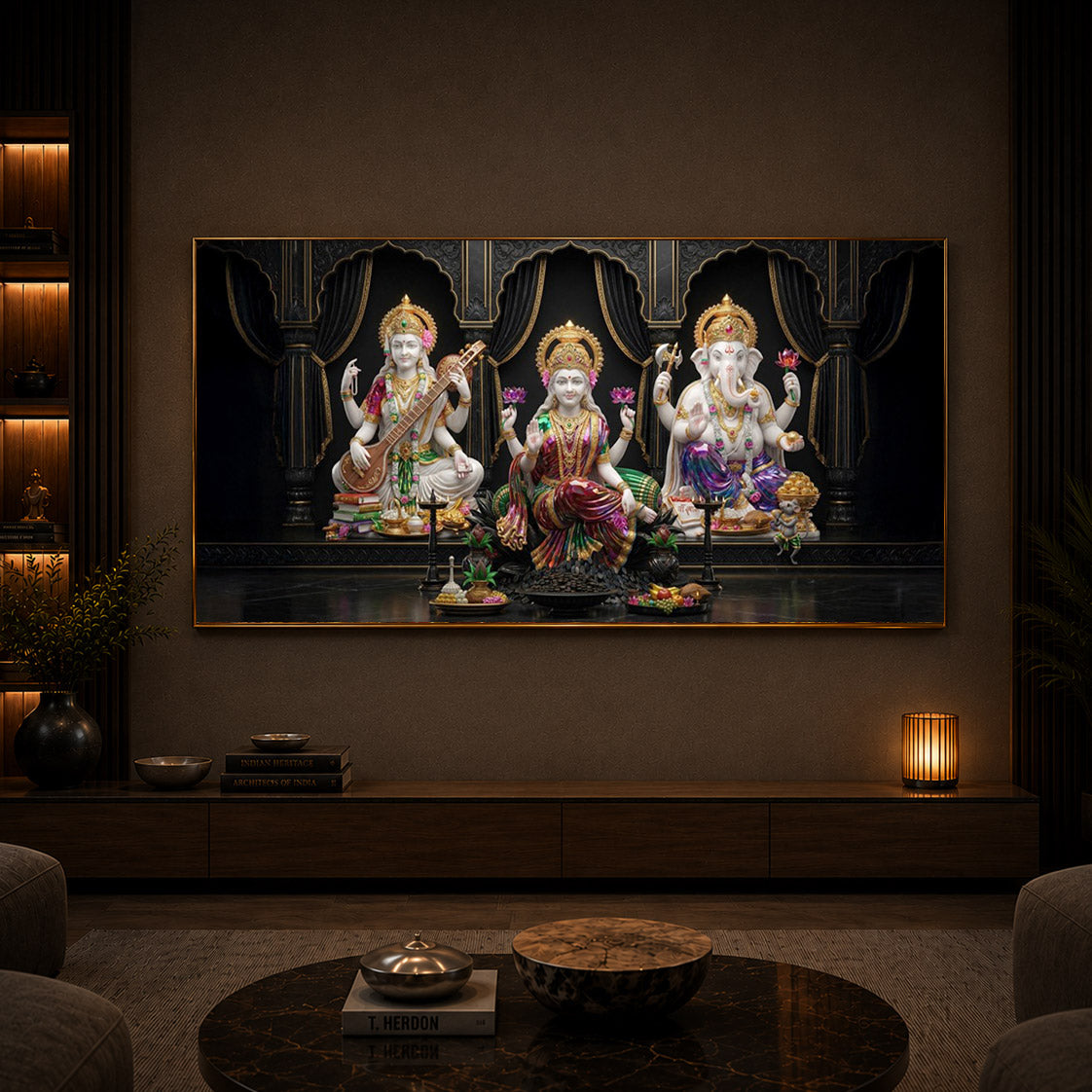 Saraswati,Lakshmi, & Lord Ganesha Modern Luxury Backlight Horizontal Wall Art