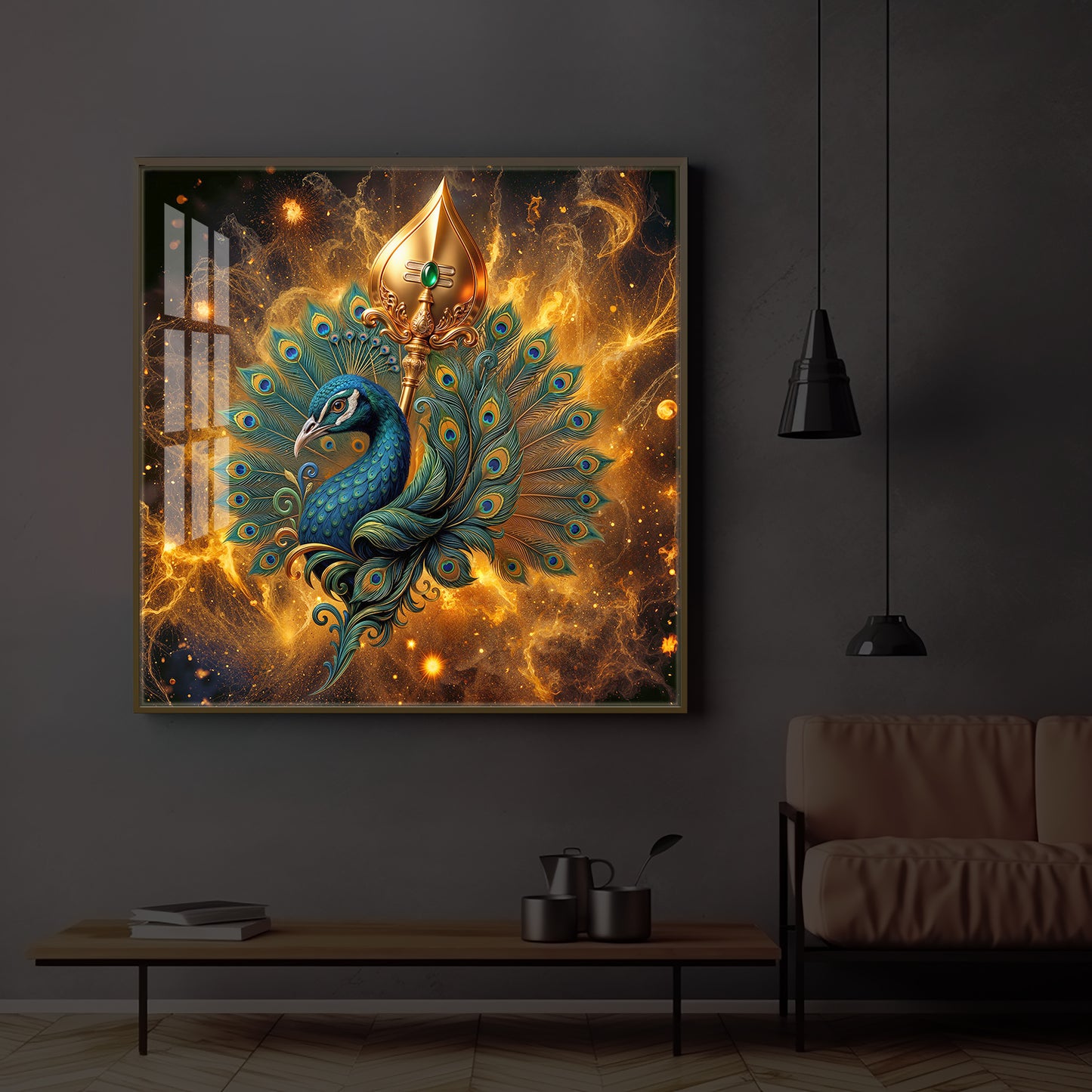 Lord Murugan’s Majestic Peacock Modern Luxury Backlight Square Wall Art