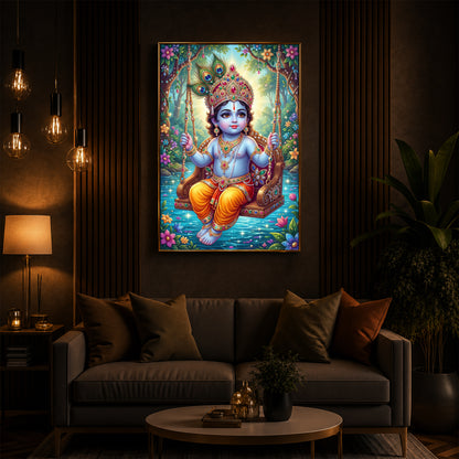 Divine Lord Krishna Modern Luxury Backlight Vertical Wall Art