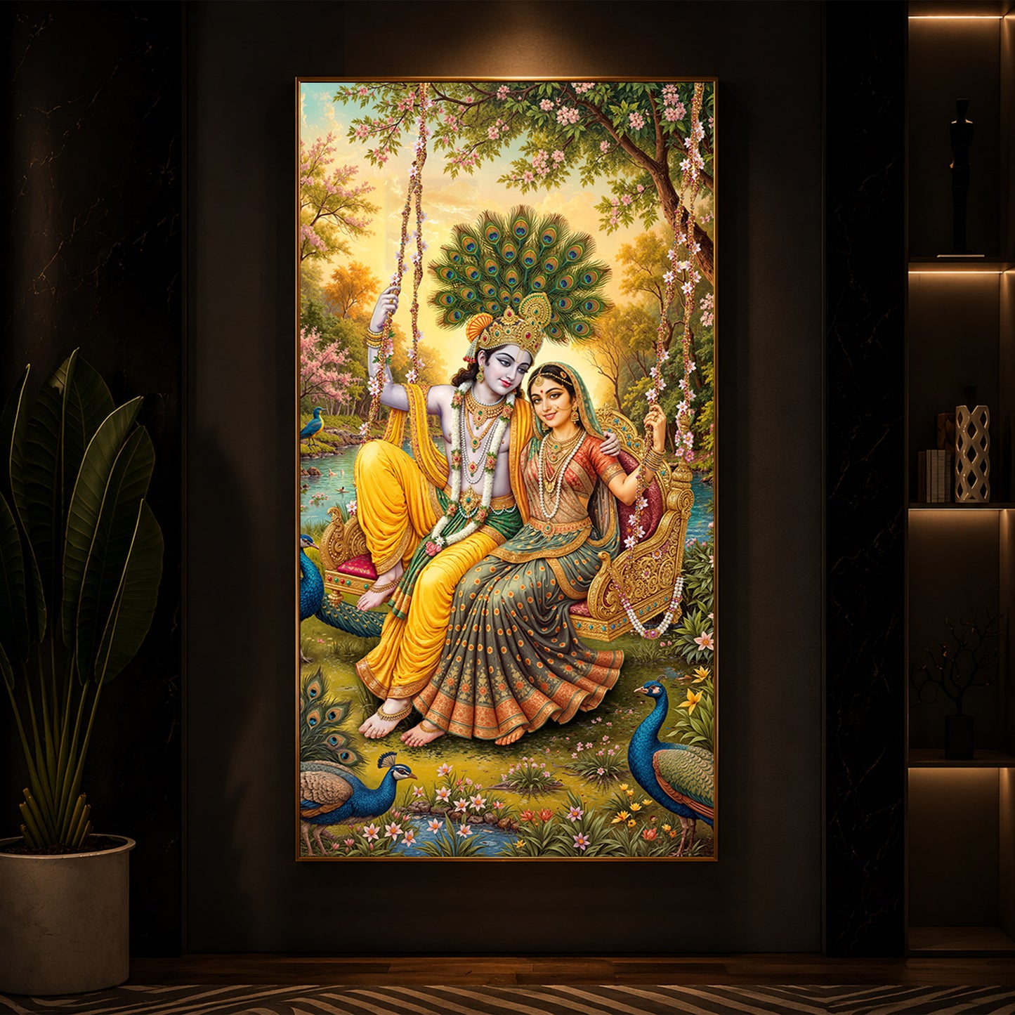 Jai Shri Radha Krishna Modern Luxury Backlight Vertical Wall Art