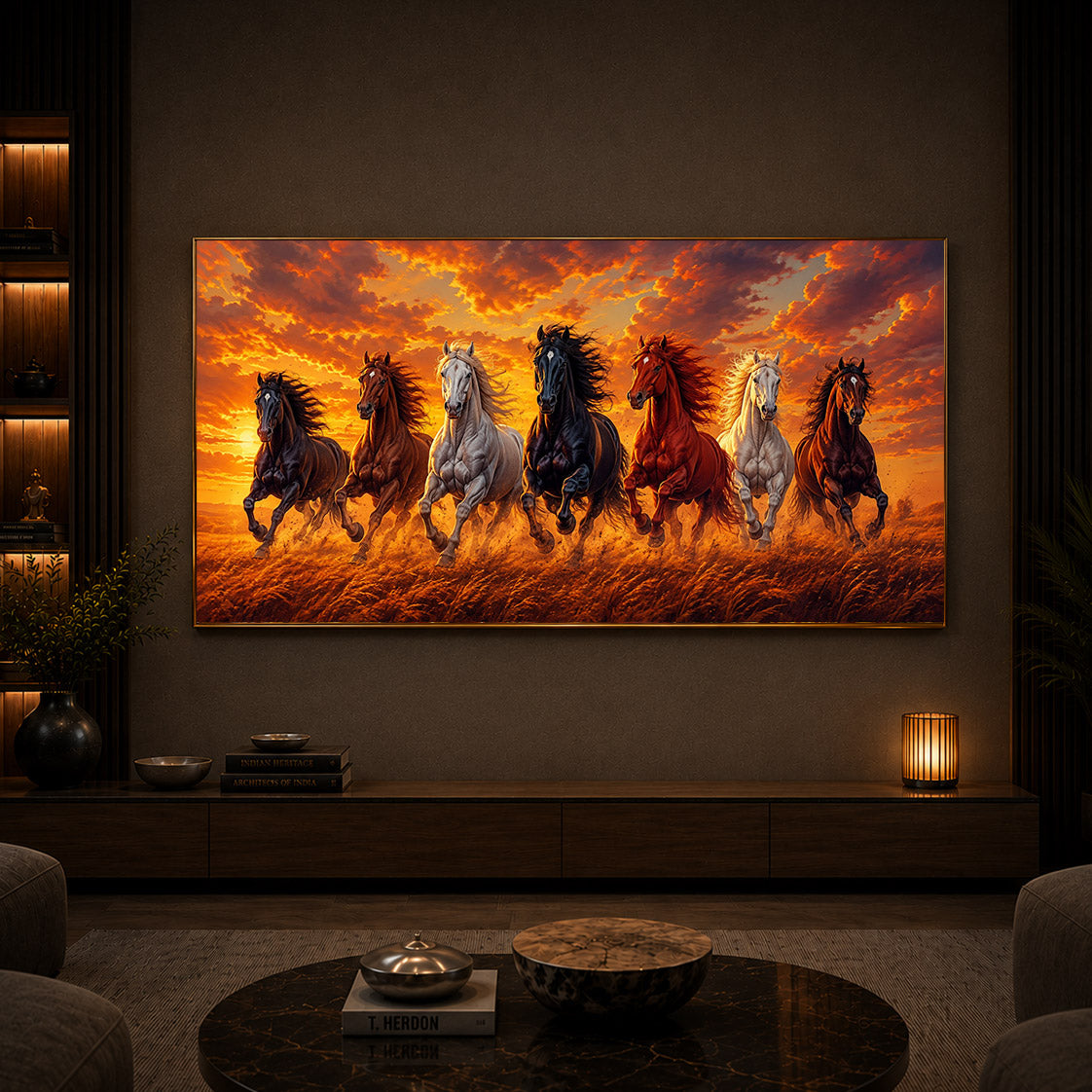 7 Running Horses With Sunset Modern Luxury Backlight Horizontal Wall Art