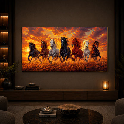 7 Running Horses With Sunset Modern Luxury Backlight Horizontal Wall Art