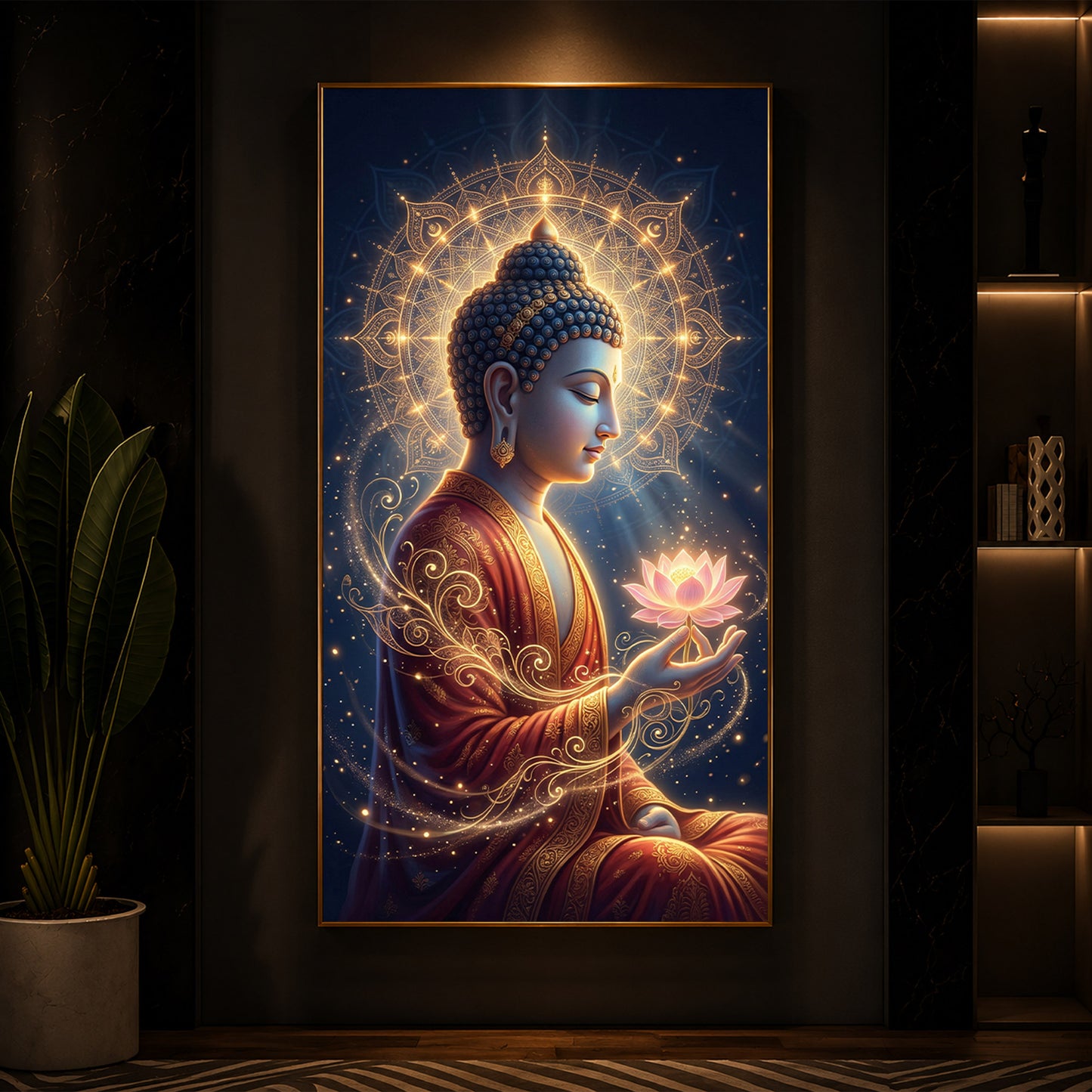 Depiction Of Buddha Modern Luxury Backlight Vertical Wall Art