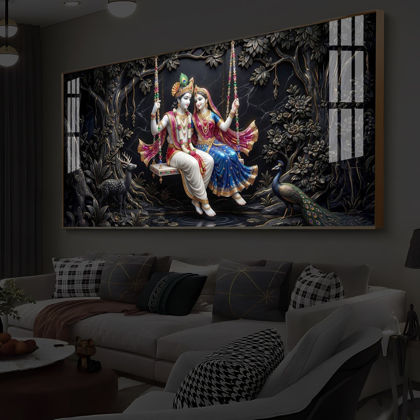 Radha Krishna Swing Modern Luxury Backlight Horizontal Wall Art