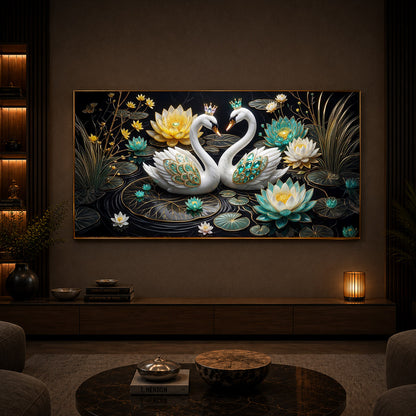 Pair Of White Swans Modern Luxury Backlight Horizontal Wall Art